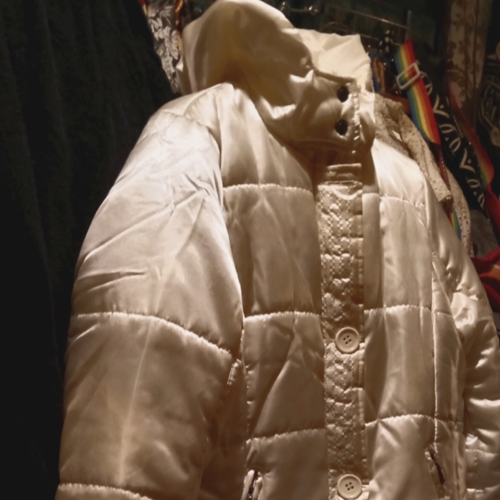 Ivory satin hooded puffer large